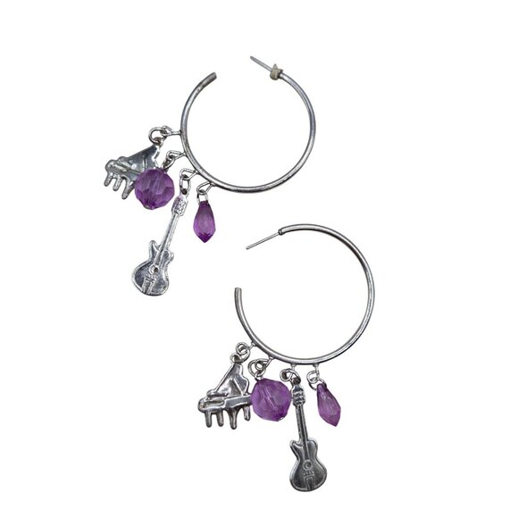 Silver Hoop Earrings W/ Piano & Guitar Charms Purple Crystal Beads Musical Theme - Picture 1 of 2
